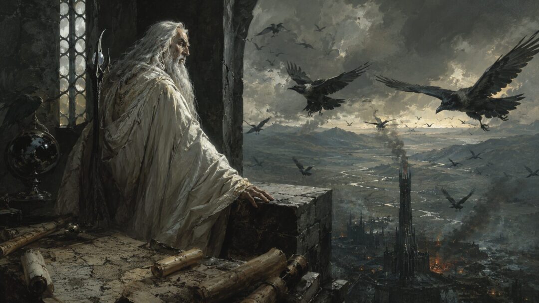 Saruman watches dark birds circling from a cold tower chamber as symbols of surveillance.
