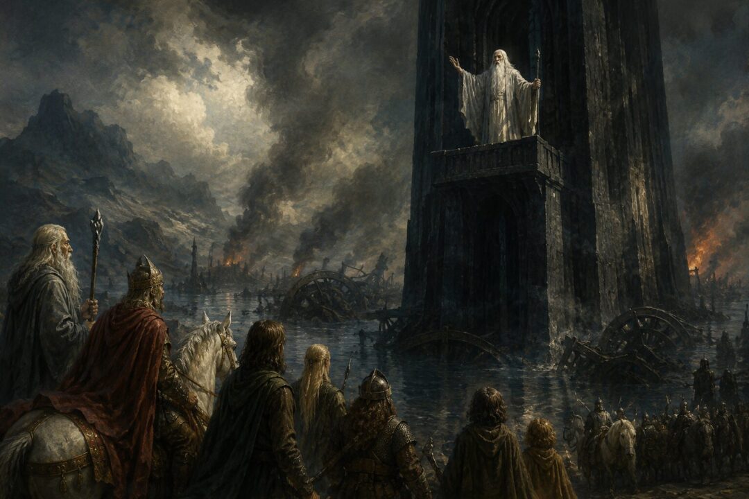 Saruman speaks from Orthanc to Gandalf, Théoden, and the company after the ruin of Isengard.