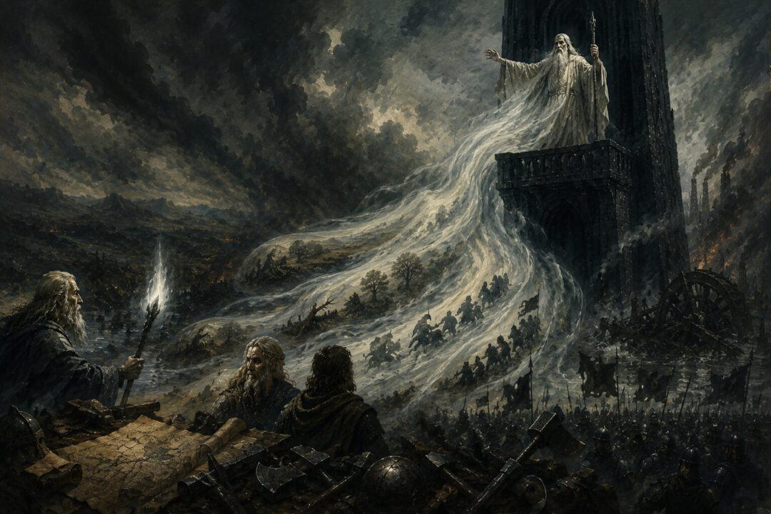 A symbolic vision of Saruman’s voice spreading from Orthanc before becoming armies and war.