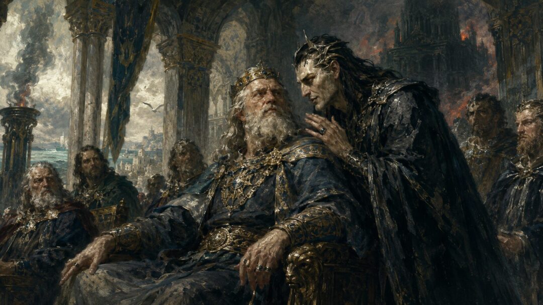 Sauron whispers to Ar-Pharazôn in the court of Númenor as fear and corruption enter the realm.