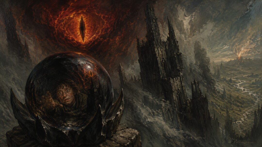 Sauron’s distant shadow misreads the terrified reflection of a hobbit inside the dark palantir.