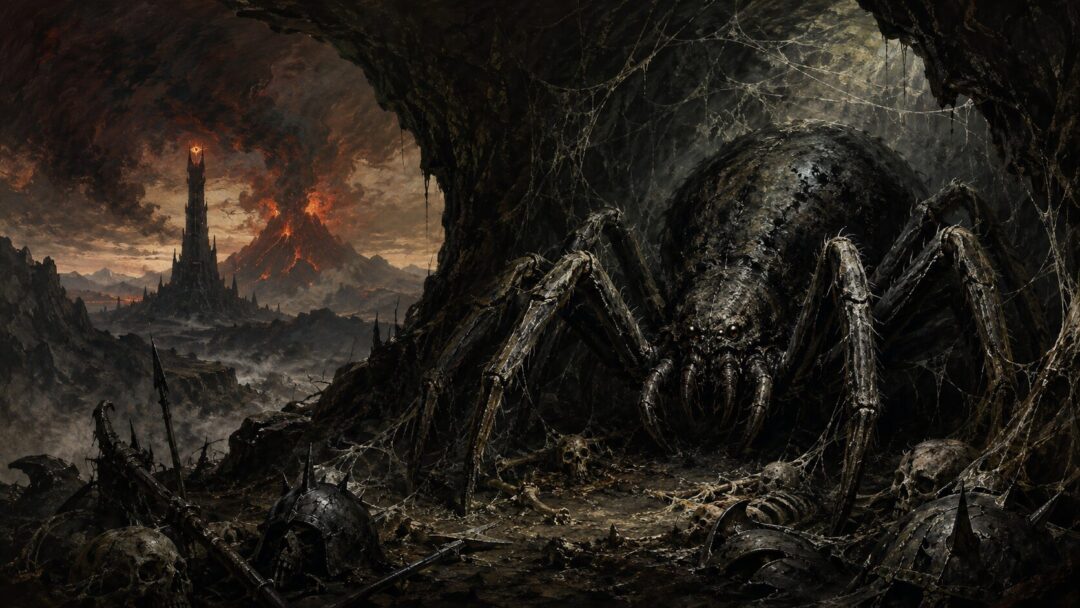 A dark tower rises in the distance while Shelob crouches separately in her cavern among webs and abandoned weapons.