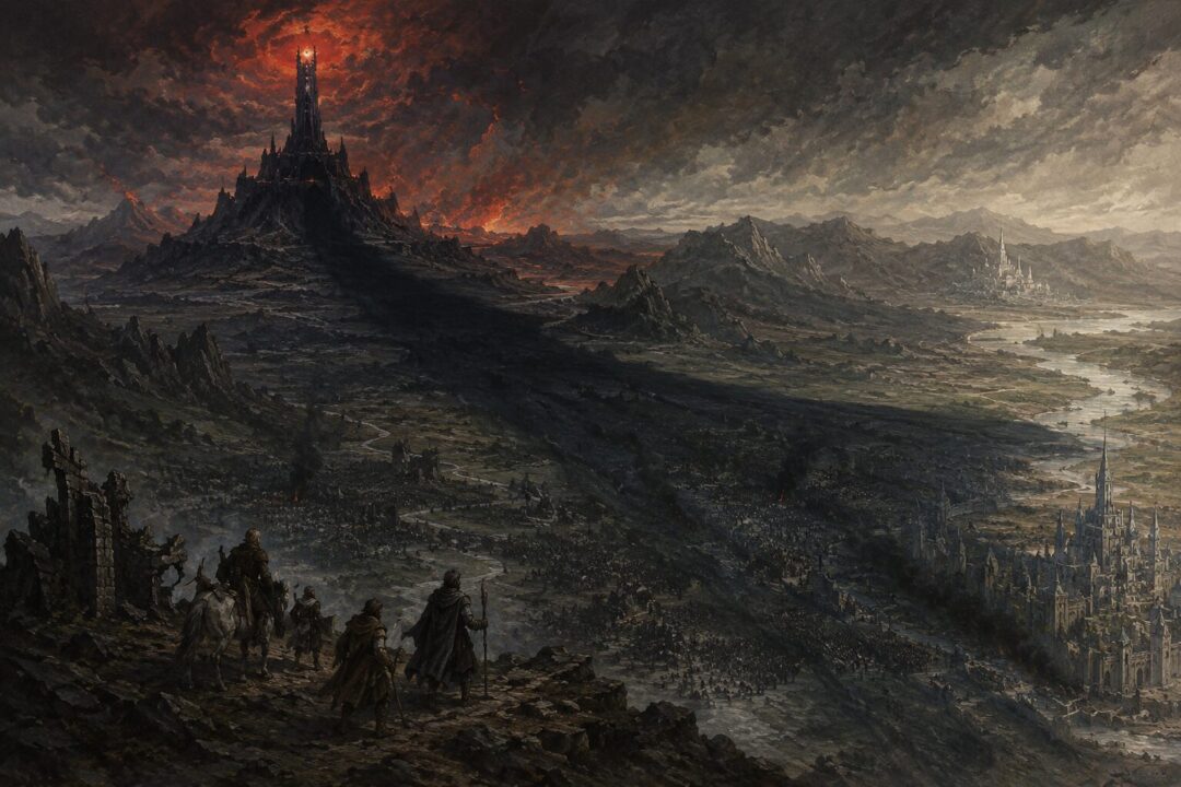 Vast shadow from Mordor spreading across Middle-earth without Sauron physically appearing