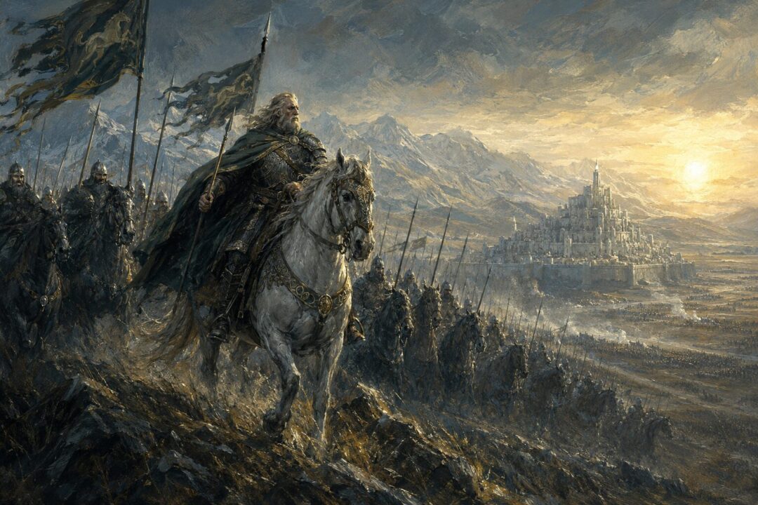 Riders muster across the wide plains of Rohan while the shadow of Isengard reaches from the west.