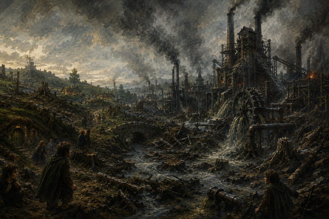 The Shire scarred by mills, pollution, and cut trees during the Scouring