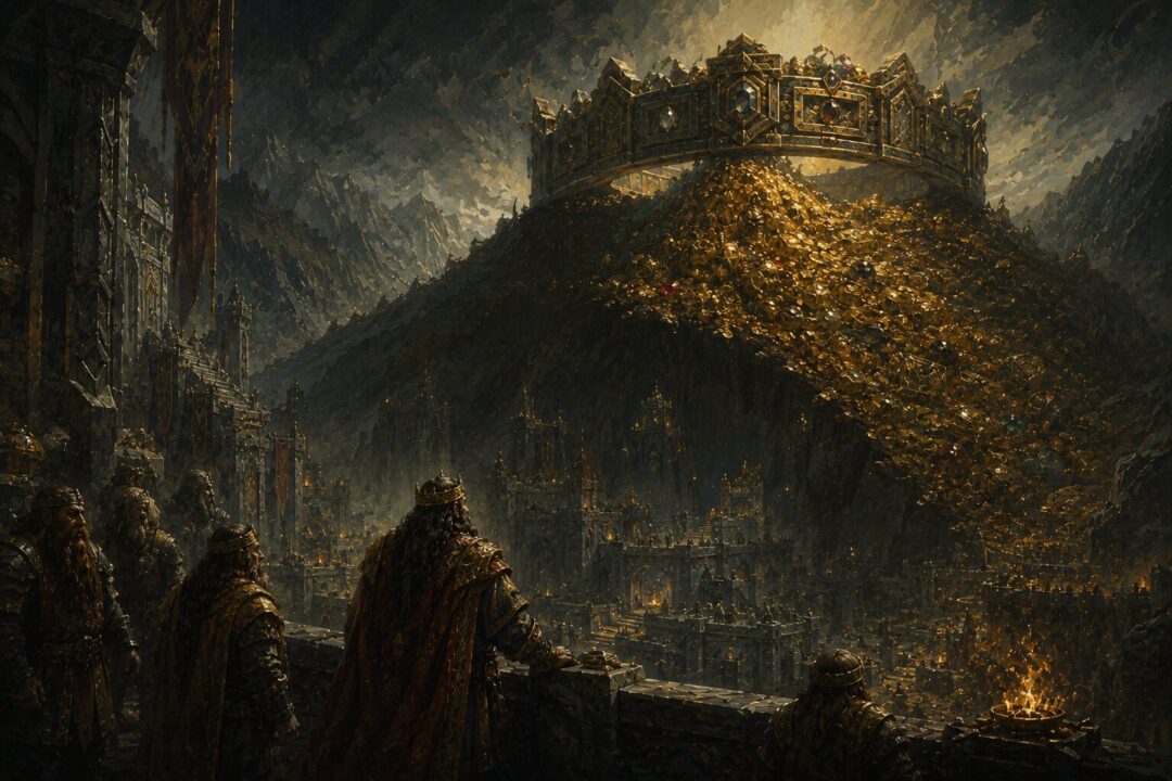 Allegorical image showing Dwarven kingship transformed into dangerous obsession with treasure