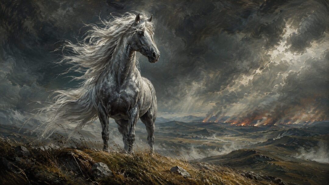 Shadowfax stands free on a windswept hill with no saddle or bridle.