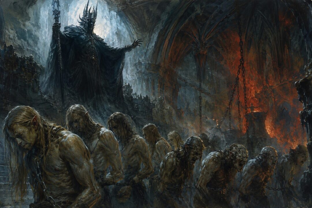 Shagrat and Gorbag speaking privately on a dark Mordor battlement after battle