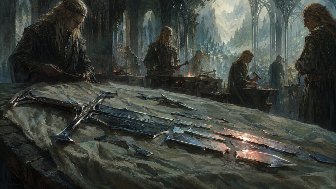 The broken shards of Narsil laid out in Rivendell before being reforged into Andúril.
