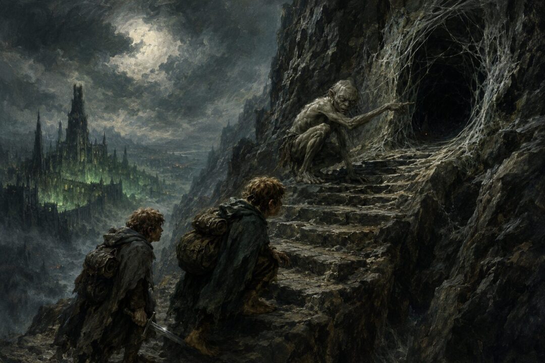 Shelob lurking in her tunnel while Sauron’s dark tower rises far away in Mordor.