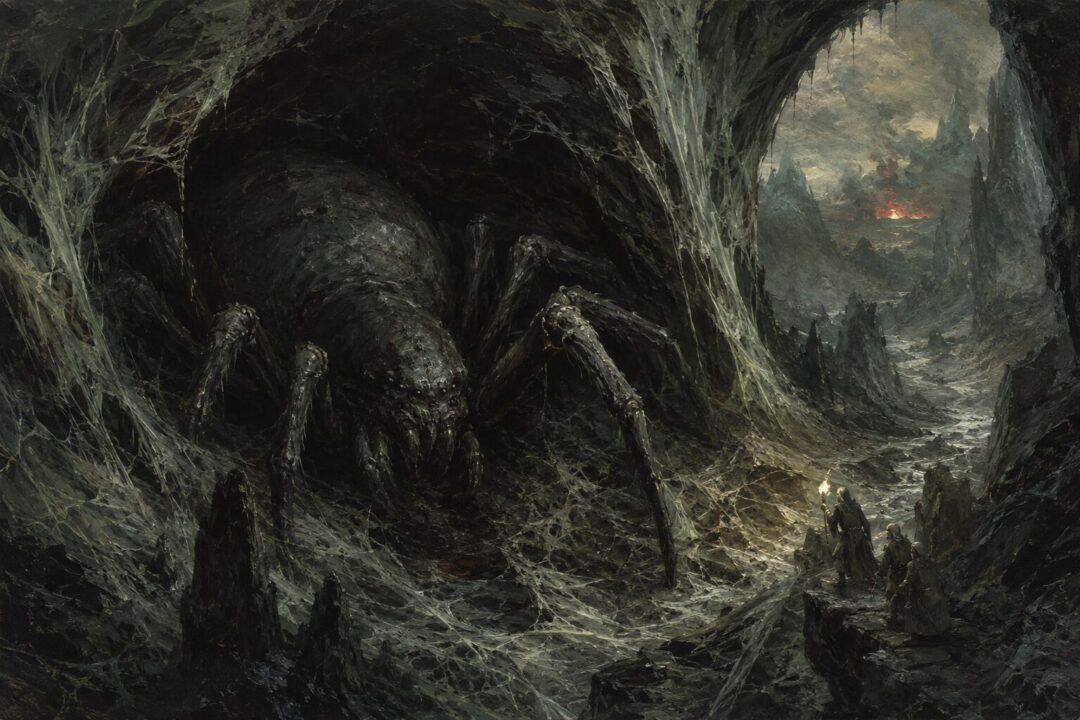 Shelob hidden in her ancient web-choked lair near Cirith Ungol before the full power of Sauron’s war.
