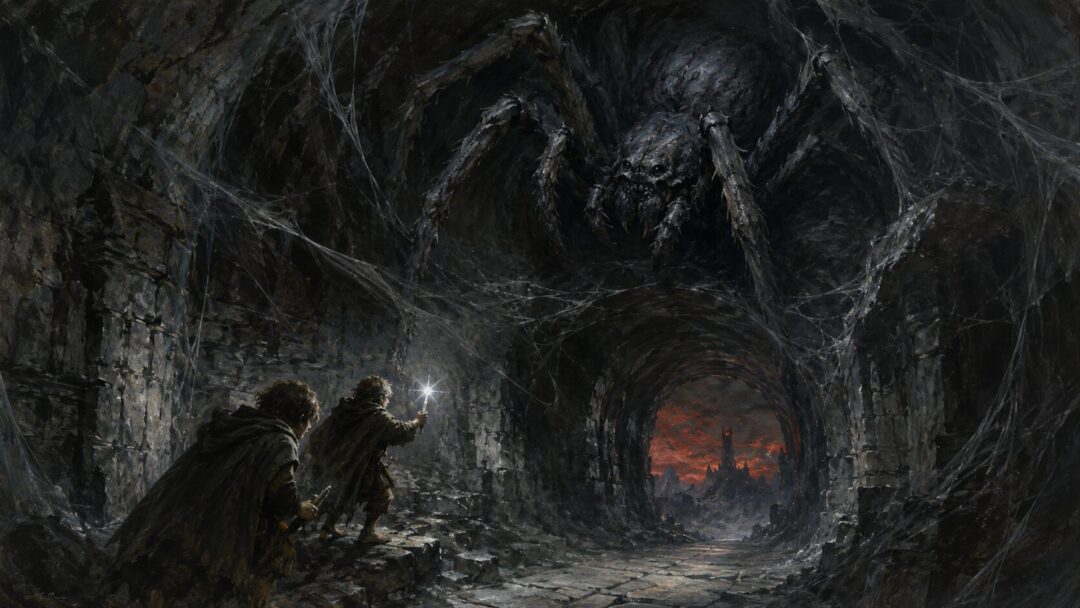 Shelob waits in the dark tunnel of Cirith Ungol as two small travelers approach with a faint star-glass glow.