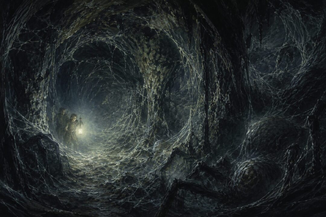 Frodo and Sam move through Shelob’s dark tunnel filled with webs, stone, mist, and fear.