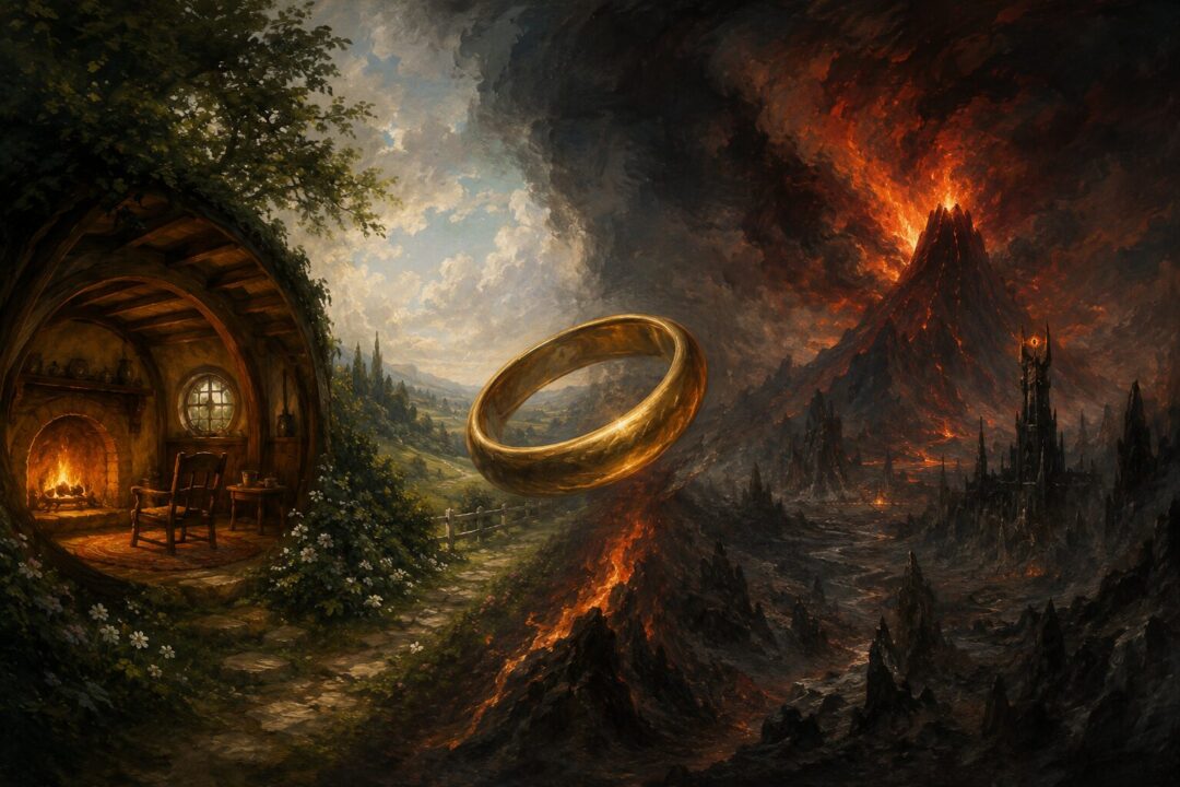 A symbolic contrast between a hobbit hearth and the volcanic fire of Mount Doom with the One Ring between them.