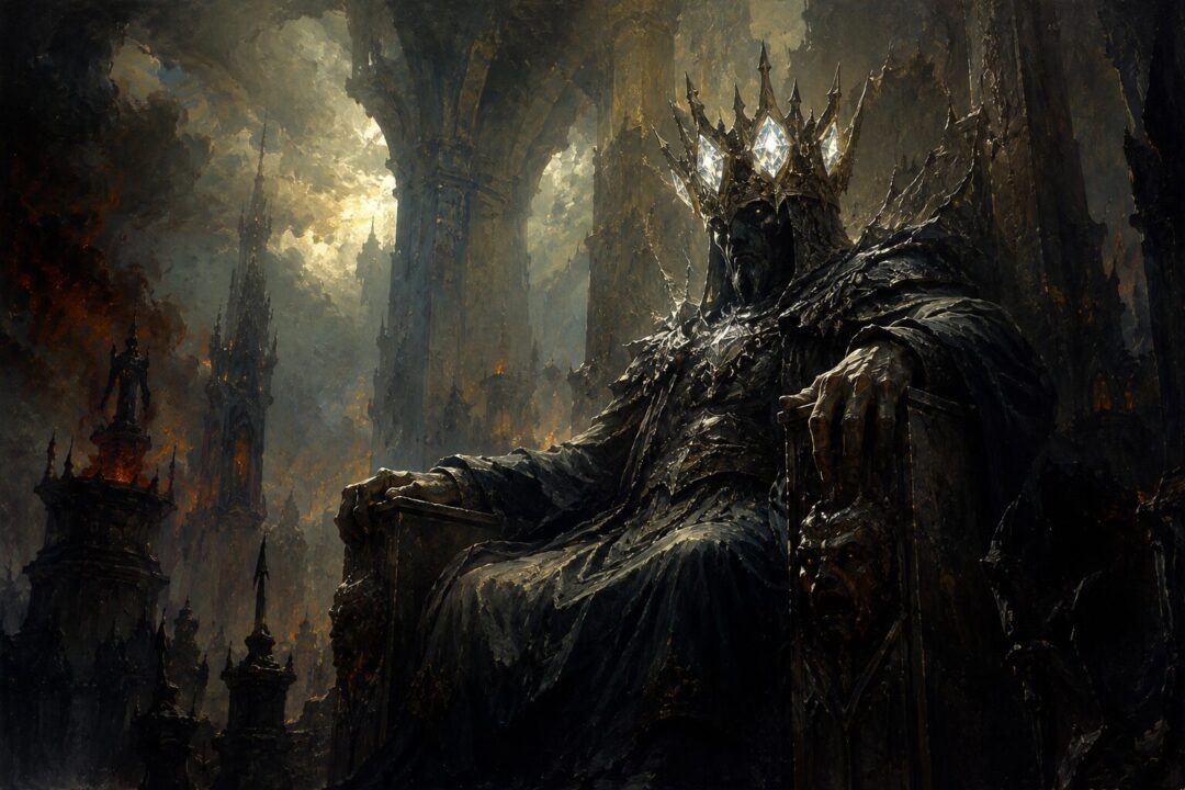 The Silmarils shine with pure light from an iron crown in a shadowed fortress hall.