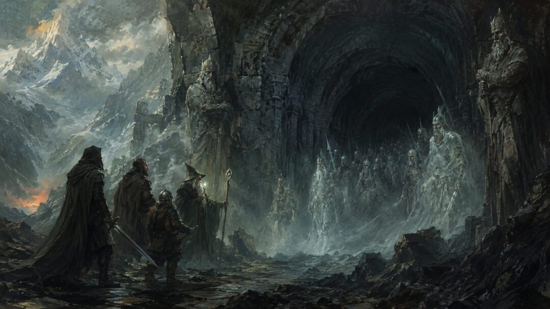 Grey spectral figures haunt the dark Paths of the Dead beneath the White Mountains.