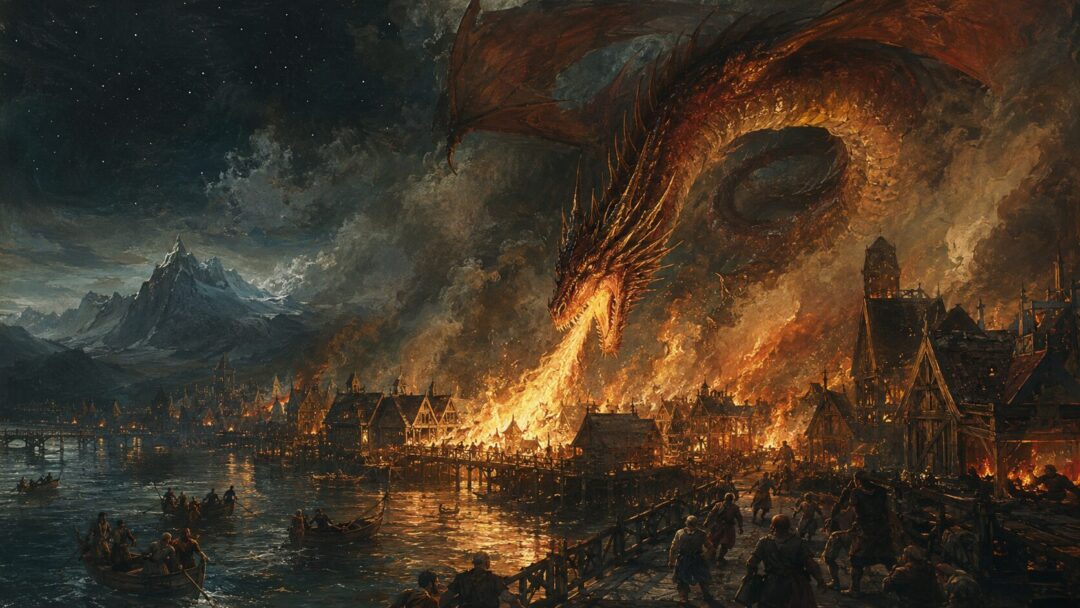 Smaug attacks Lake-town at night, setting wooden roofs and piers ablaze beneath the shadow of the Lonely Mountain
