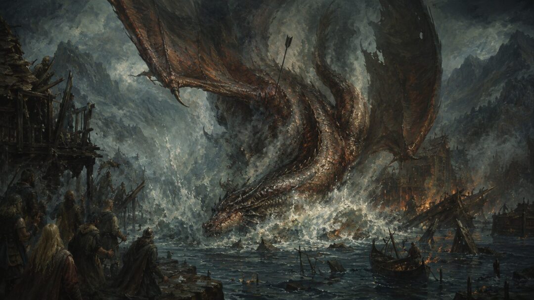 Smaug falls dead from the sky into the Long Lake as the ruins of Lake-town burn below