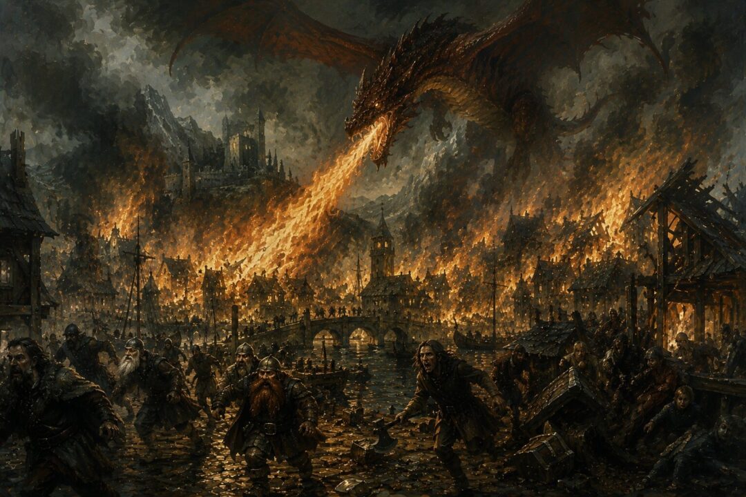 Smaug attacking Dale and Erebor in a devastating storm of dragon fire