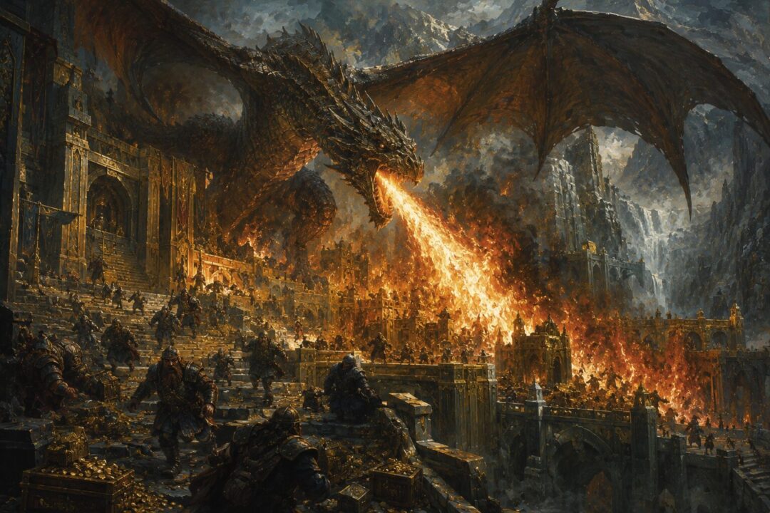 Smaug attacking Erebor during the height of the kingdom’s prosperity and wealth