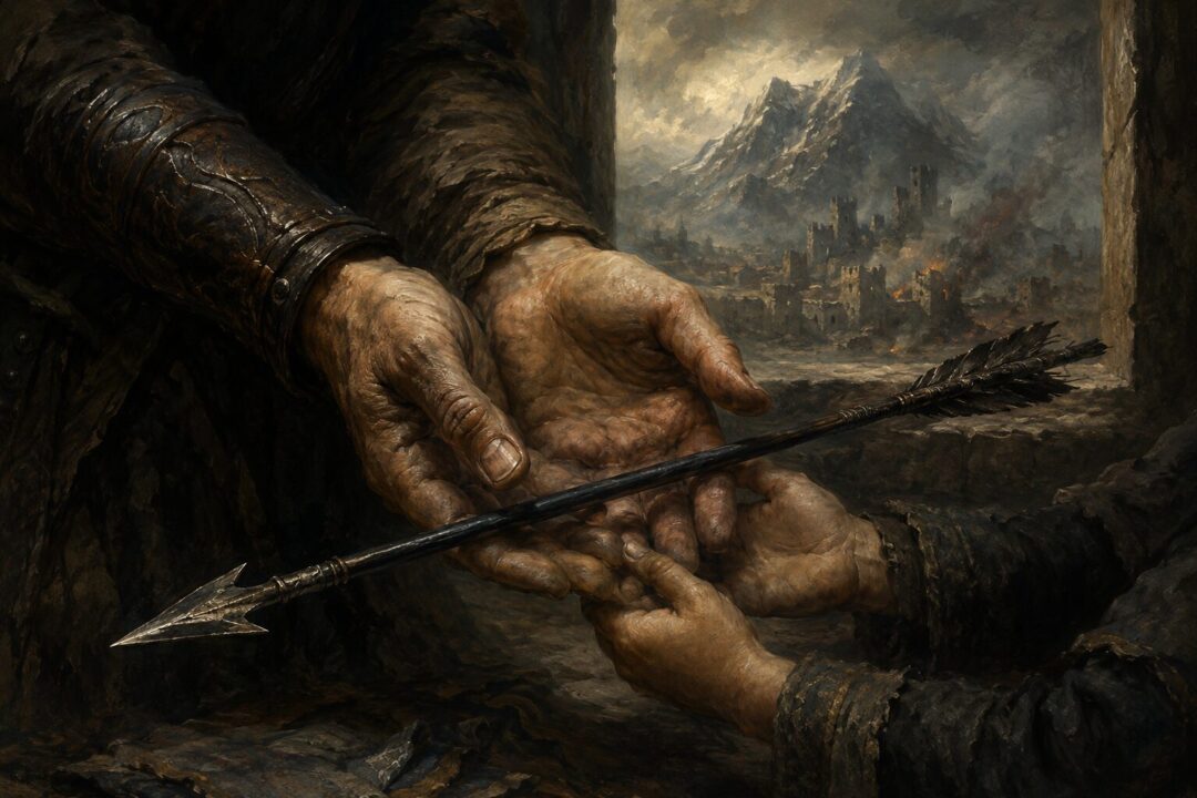 Smaug lies fallen beside the ruined Lake-town at dawn, with the Lonely Mountain in the misty distance.
