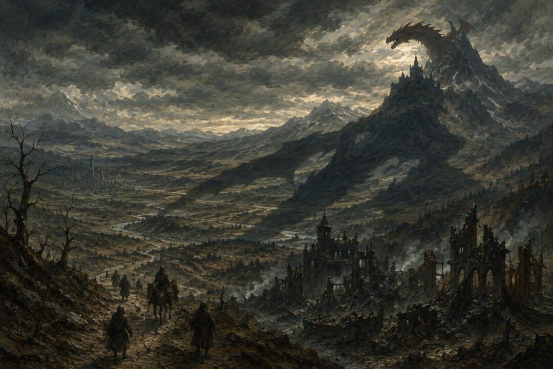 Smaug resting atop the vast treasure hoard deep within Erebor with a watchful intelligent gaze