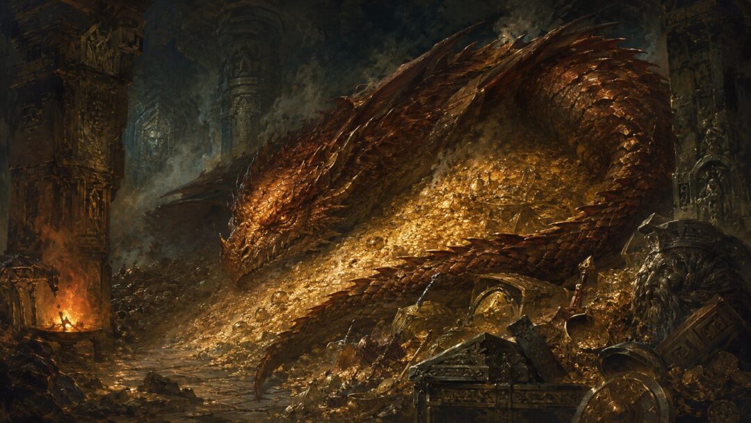 Smaug lies across the treasure of Erebor with one suspicious eye open toward Bilbo’s hidden presence.