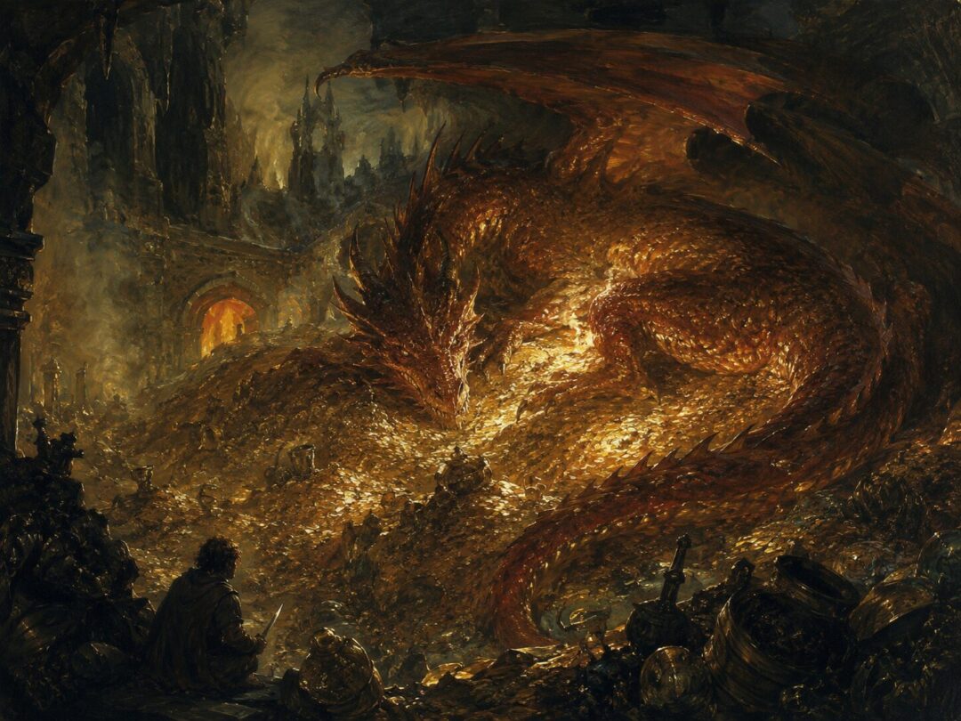 Smaug coils over the treasure hoard of the Lonely Mountain while a tiny hobbit hides in the shadows.