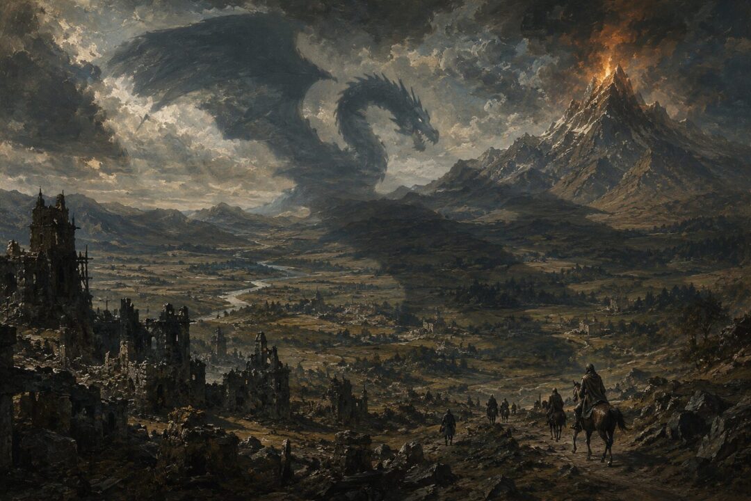 A symbolic view of Smaug’s influence spreading fear across the northern lands of Middle-earth