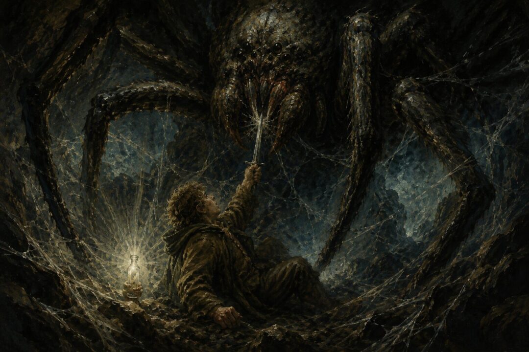 Sam holds Sting upward as Shelob descends and wounds herself on the Elven blade.