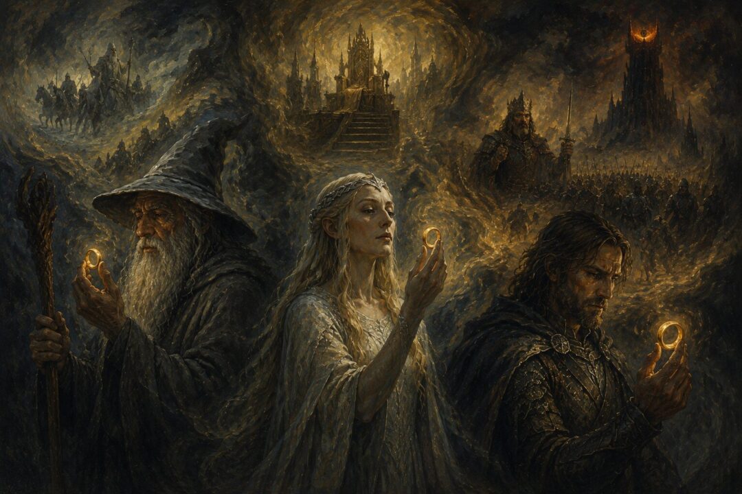Powerful leaders of Middle-earth facing the seductive promises of the One Ring