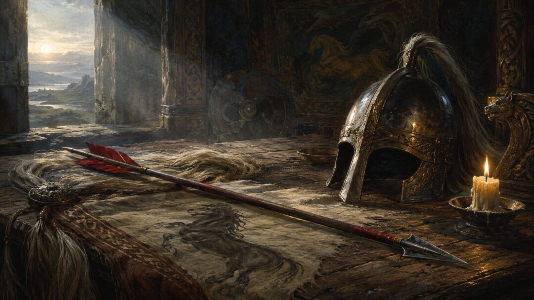 Théoden stands on the battered Hornburg battlements at dawn after Helm’s Deep, looking east toward Rohan’s next duty.