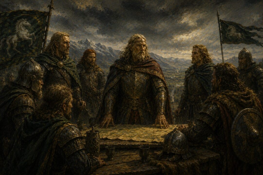 King Théoden preparing to answer Gondor's summons during the War of the Ring