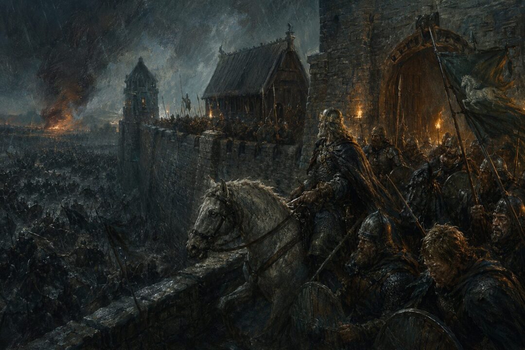 King Théoden stands renewed in the golden hall of Meduseld as daylight breaks through the shadows.