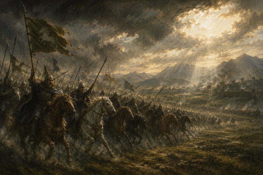 Symbolic image of Théoden riding through shadow and fear into morning light