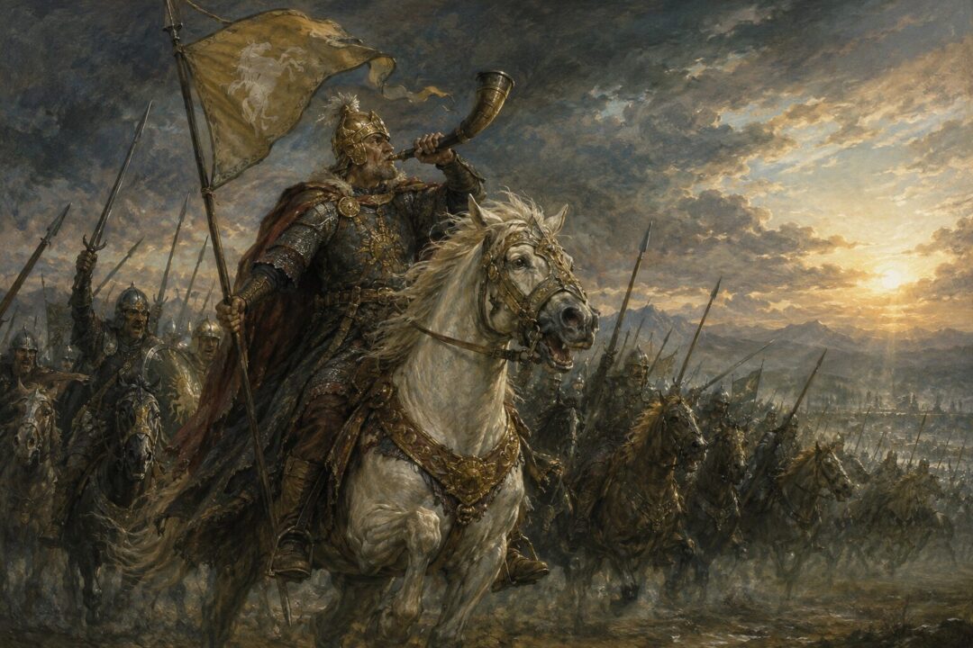 Théoden riding at the head of the Rohirrim on the Pelennor Fields as dawn breaks and hope returns