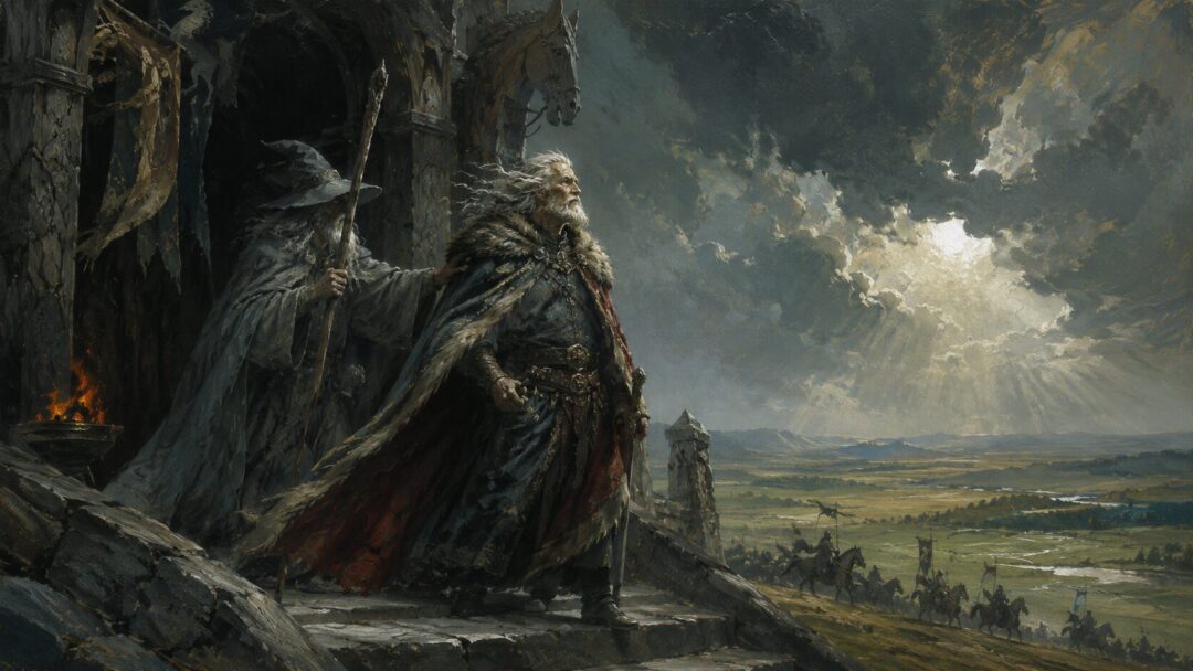 Gandalf leads Théoden out of Meduseld into daylight above the plains of Rohan