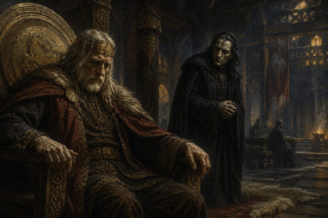 Aged Théoden seated in Meduseld during his period of doubt and manipulation by Wormtongue