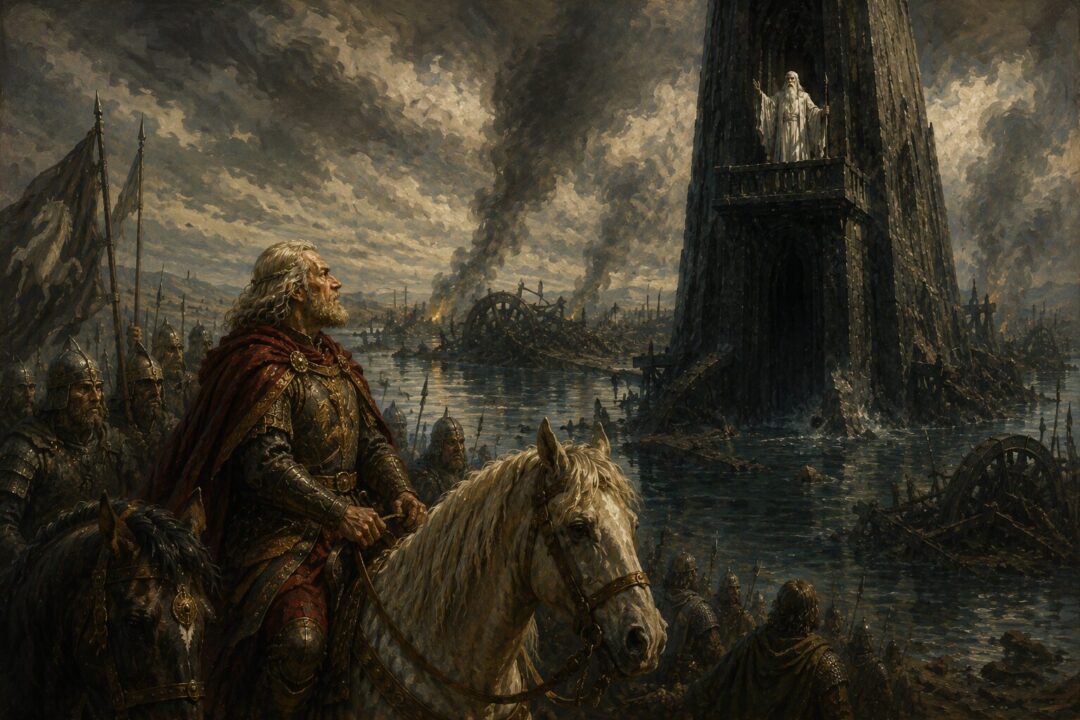 King Théoden resists Saruman’s persuasive voice beneath the tower of Orthanc.
