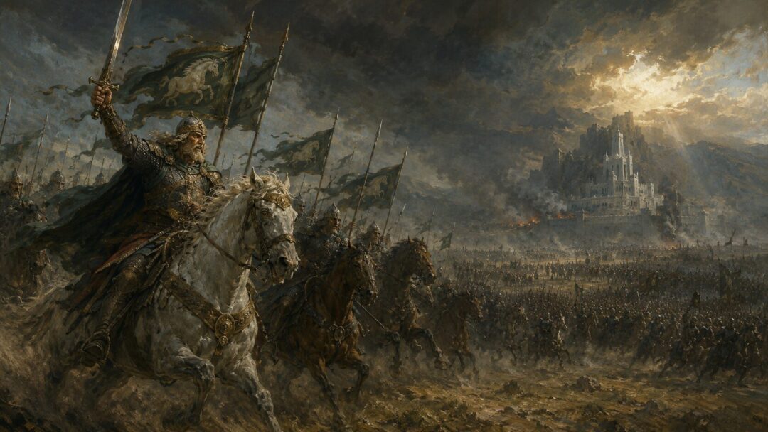 Théoden leads the Rohirrim in a great charge across the Pelennor Fields toward besieged Minas Tirith.