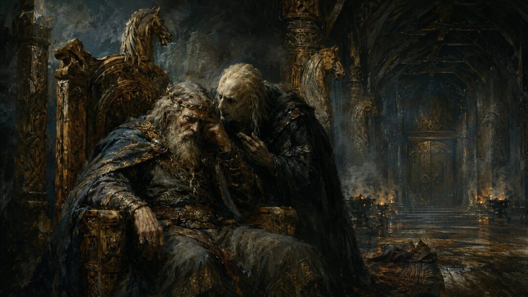 Théoden weakened on the throne of Meduseld while a dark counselor whispers near him