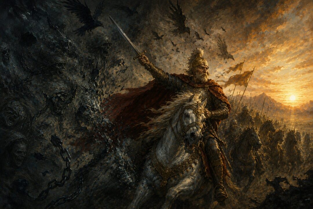 Mortally wounded Théoden after battle with Éowyn beside him on the Pelennor Fields