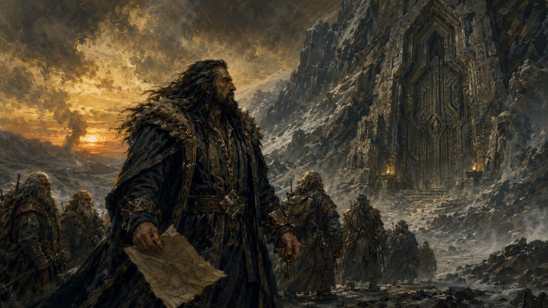 Thorin Oakenshield stands before the Lonely Mountain with his company, torn between homeland and treasure.