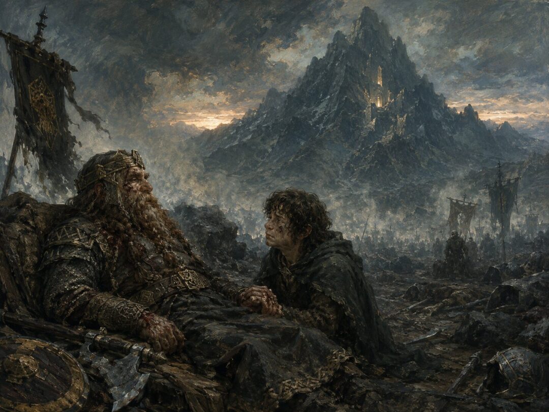 A wounded Thorin speaks with Bilbo after the Battle of Five Armies beneath the Lonely Mountain.