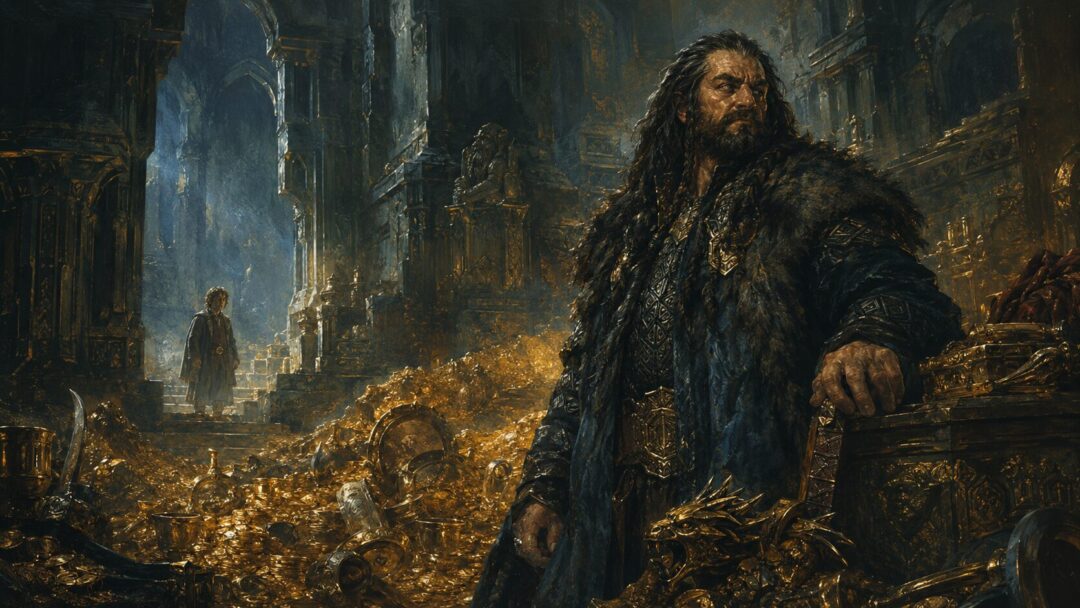 Thorin stands among the reclaimed treasure of Erebor while Bilbo hesitates in the shadowed hall.