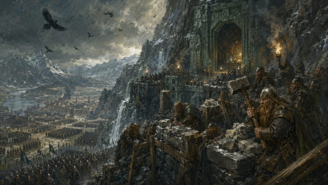 Thorin’s Dwarves fortify the Front Gate of Erebor while Men and Elves gather below the Lonely Mountain