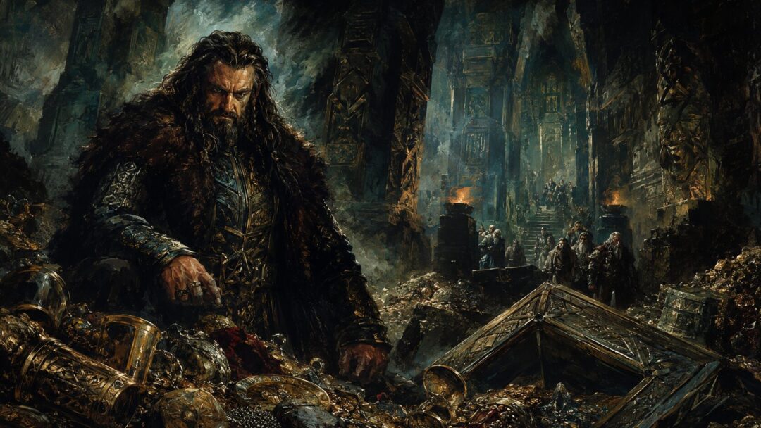 Thorin stands in the treasure halls of Erebor, torn between kingship and possessive fear.