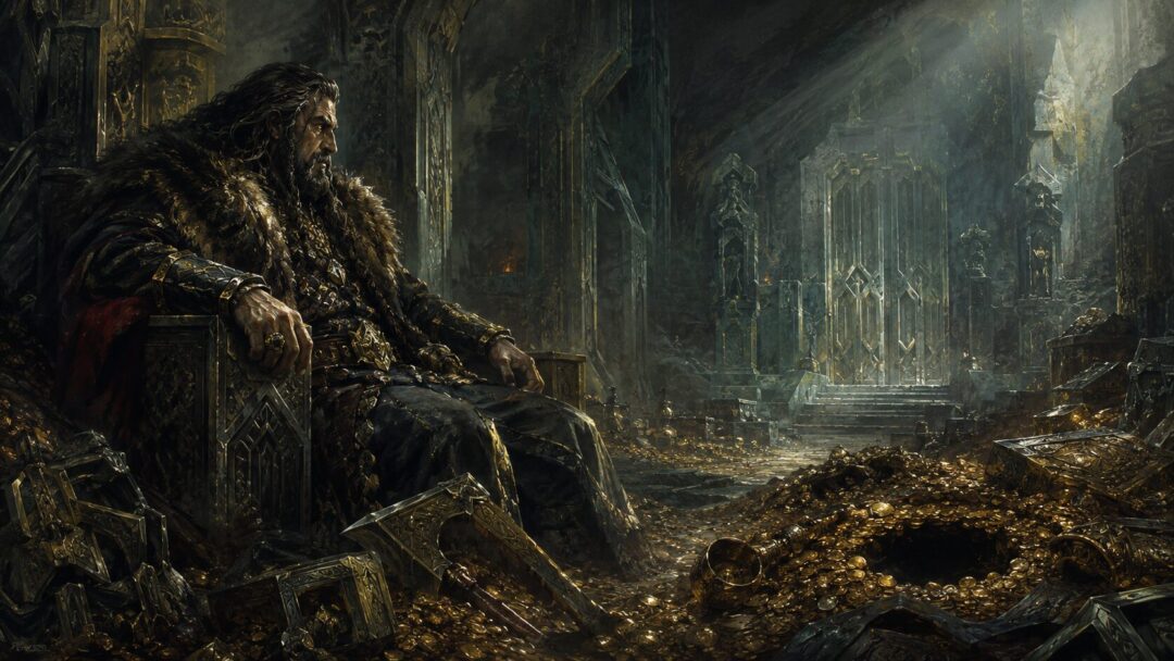 Thorin Oakenshield sitting among treasure in the halls of the Lonely Mountain