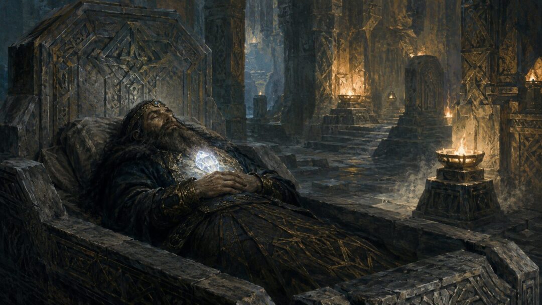Thorin Oakenshield lying in his tomb with the Arkenstone upon his breast