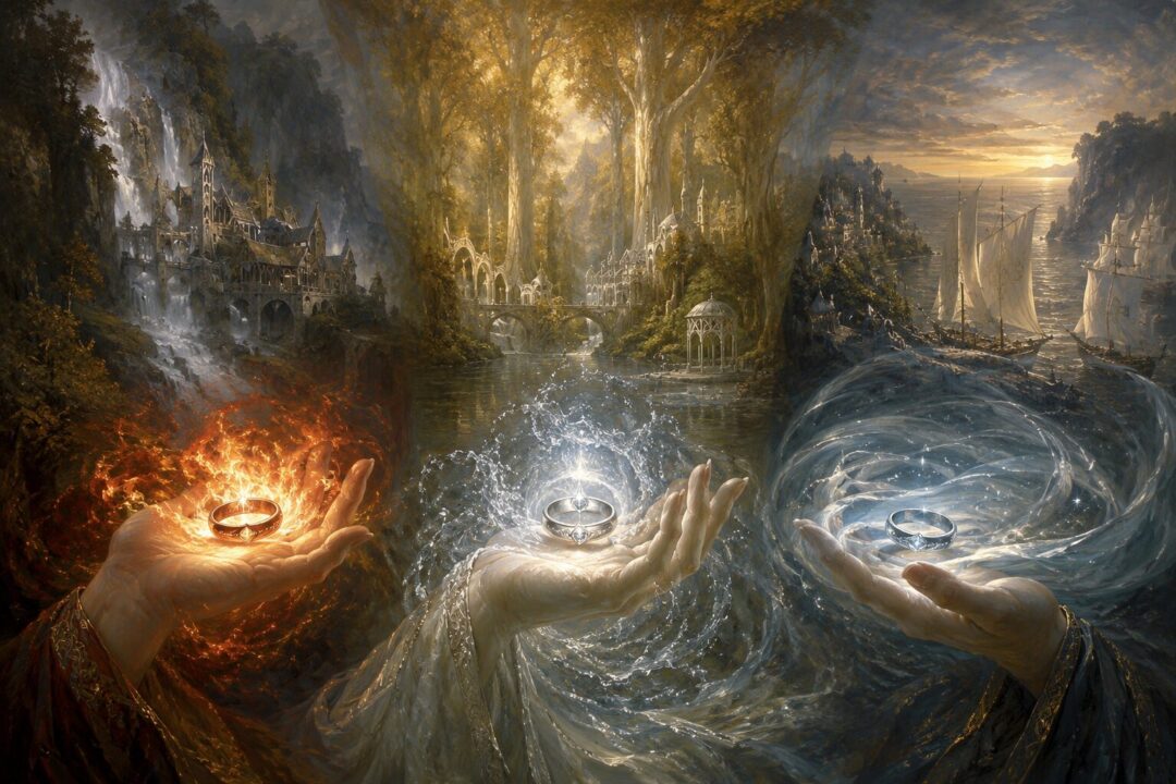 The Three Elven Rings Narya, Nenya, and Vilya displayed symbolically above Rivendell, Lothlórien, and the Grey Havens
